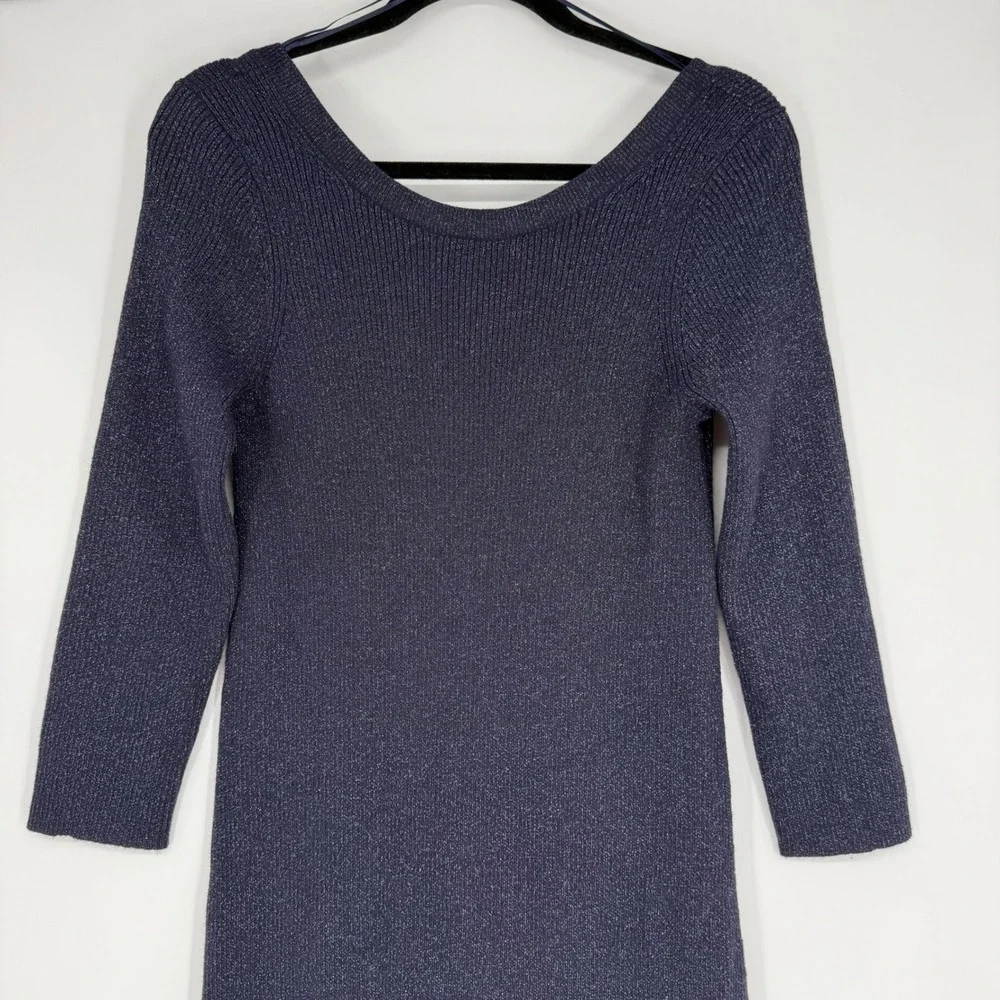 Anthropologie Navy Blue Metallic Ribbed Knit Scoop Neck Midi Dress Size Medium
